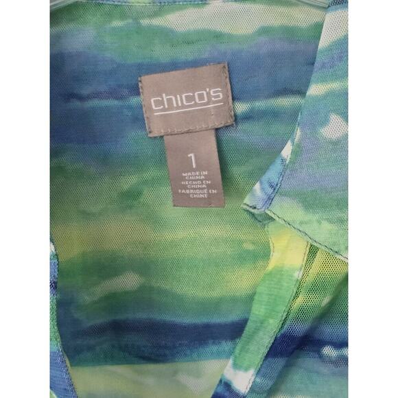 Chico's Womens Medium Micro Mesh 3Q Sleeve Button Front Multicolor Top Coastal - Picture 3 of 5